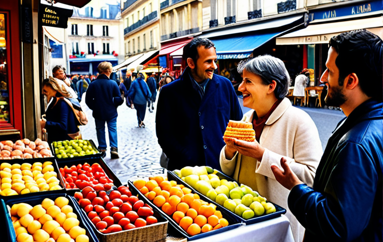 **
* **Prompt:** A vibrant Parisian marketplace scene. A friendly vendor engaging with a diverse group of customers, carefully listening to their needs. Focus on the authentic interactions and personalized recommendations, evoking a sense of community and individualized service.
**