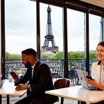 **

*   **Prompt:** "Dynamic Parisian professional networking at a chic café. Focus on diverse individuals connecting via smartphones and laptops, highlighting LinkedIn profiles. Elegant, modern, emphasizing online presence and digital skills. Incorporate the Eiffel Tower subtly in the background. French 'joie de vivre' atmosphere."

**