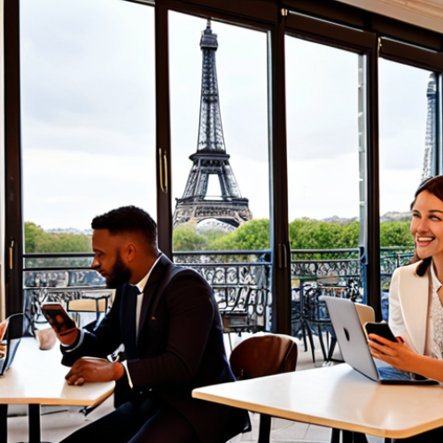 Home 14 **
* **Prompt:** "Dynamic Parisian professional networking at a chic café. Focus on diverse individuals connecting via smartphones and laptops, highlighting LinkedIn profiles. Elegant, modern, emphasizing online presence and digital skills. Incorporate the Eiffel Tower subtly in the background. French 'joie de vivre' atmosphere."
**