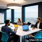 Home 21 문제해결 중심 포지셔닝을 위한 혁신적인 아이디어 도출 - A modern French office environment showcasing a diverse team engaged in a structured brainstorming s...