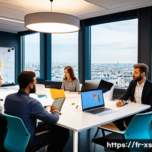 Home 33 문제해결 중심 포지셔닝을 위한 혁신적인 아이디어 도출 - A modern French office environment showcasing a diverse team engaged in a structured brainstorming s...