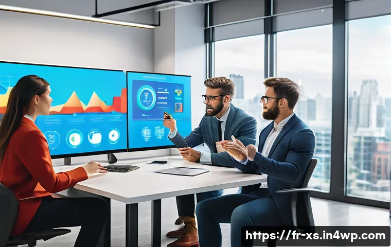 문제해결 중심 포지셔닝을 위한 고객 데이터 활용 전략 - A modern office setting with diverse professionals collaborating around a large digital dashboard di...