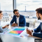Home 23 문제해결 중심 포지셔닝을 위한 SWOT 분석 - A modern French business team in a sleek, bright office, collaborating around a digital touchscreen ...