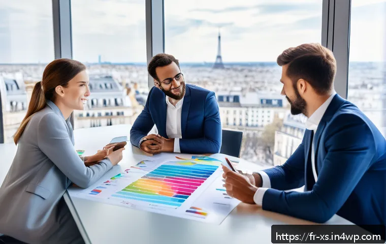 문제해결 중심 포지셔닝을 위한 SWOT 분석 - A modern French business team in a sleek, bright office, collaborating around a digital touchscreen ...